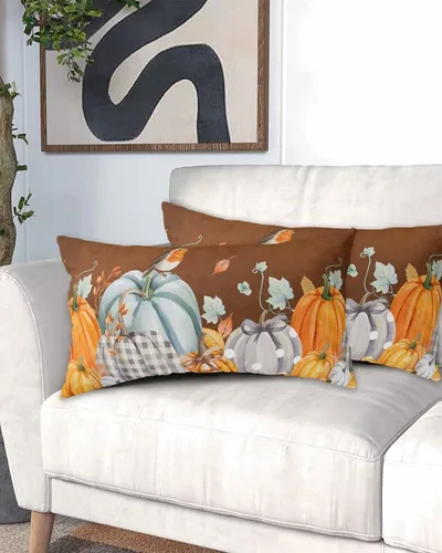 Vista 2 de Fundas de almohada de tamaño King con calabazas marrones, fundas de almohada suaves decorativas para sofá de cuerpo largo, con cierre de sobre