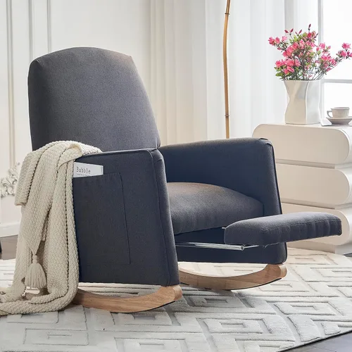 Vista 8 de Mecedora moderna para guardería, cómoda silla de guardería con reposapiés, mecedora tapizada con bolsillo, sillón de lectura con base de madera