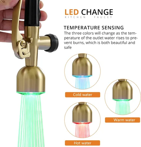 Vista 2 de Fapully Grifo de cocina de una sola manija con arco alto, dorado cepillado, extraíble con LED, grifos de fregadero de cocina de una sola palanca