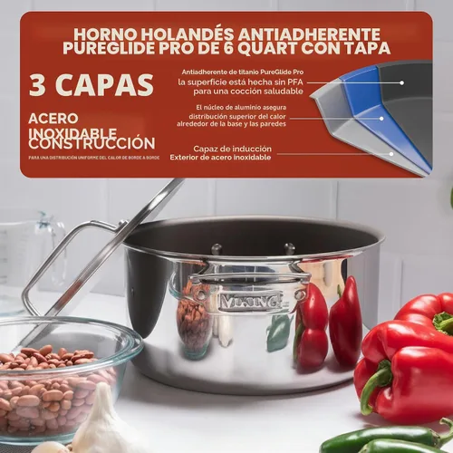 Vista 2 de Viking PureGlide Pro - Horno holandés antiadherente de 3 capas con tapa, fabricado sin PFAS, olla de inducción de 6 cuartos de galón, superficie