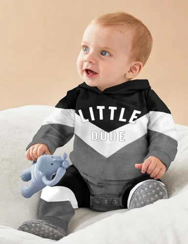 Vista 2 de Ropa para bebé niño, bloque de color, sudadera con capucha de gran tamaño, mameluco, pantalones largos, conjunto de trajes de otoño e invierno