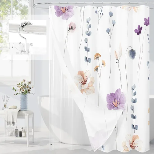 Vista 25 de Gibelle Juego de cortina de ducha 3 en 1, cortina de baño floral de acuarela azul y forro de PEVA con 12 ganchos de acero de doble cara, cortina
