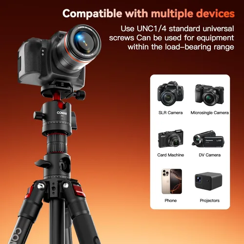 Vista 3 de COMAN Trípode superior de 72 pulgadas, trípode para cámara con columna central y cabeza de bola de 360 grados, monopie desmontable con placa QR
