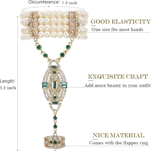 Vista 2 de Metme 1920s Flapper Pulsera Anillo Set Gatsby Accesorios Imitación Perla Cristal Pulsera Anillo Ajustable
