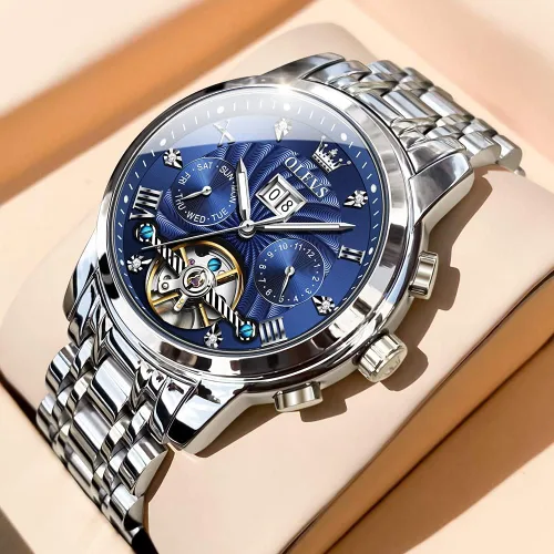 Vista 5 de OLEVS - Reloj automático para hombre con diseño de esqueleto de 5 manecillas, clásico, de lujo, multicalendario, de acero inoxidable, impermeable