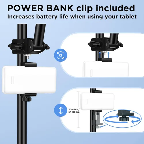 Vista 2 de Soporte para tablet para soporte de micrófono con clip de banco de energía, soporte ajustable para iPad/iPhone para soporte de música, compatible