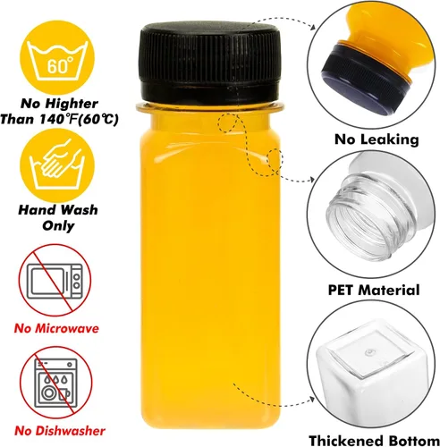 Vista 3 de BAKHUK 36 botellas de plástico de 2 onzas con tapas, botellas de chupito de jengibre, contenedores reutilizables transparentes a granel