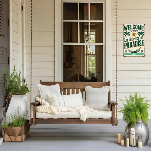 Vista 3 de FunnySign Letrero de hojalata vintage con texto en inglés "Welcome to Our Little Piece of Paradise" para exteriores, porche, patio, jardín, bar