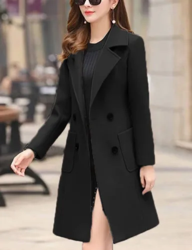 Vista 2 de Bankeng Chaqueta de solapa de doble botonadura con muesca para mujer, mezcla de lana de camello
