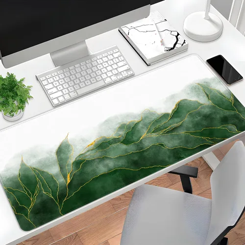 Vista 7 de Alfombrilla de mouse para juegos con textura de mármol, alfombrilla de escritorio con hojas de esmeralda, alfombrilla de mouse extendida XXL