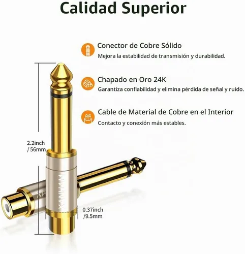 Vista 3 de RCA hembra a 1/4 pulgadas 0.250 in TS macho mono adaptador de enchufe sólido cobre chapado en oro, paquete de 2