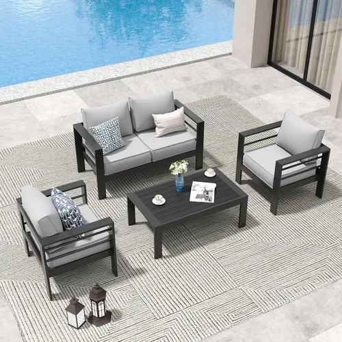 Vista 12 de Amopatio - Juego de muebles de aluminio para patio con cojines de olefina Gris oscuro/ Dorado