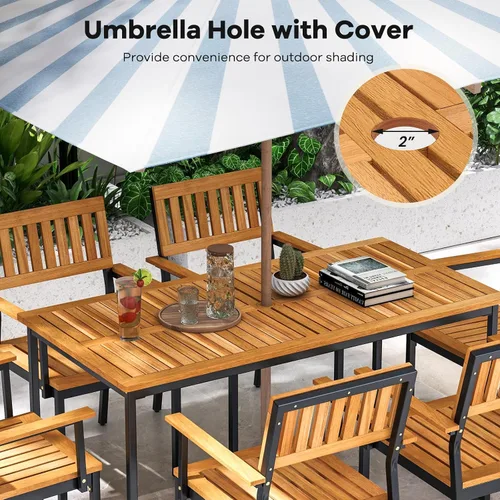 Vista 7 de Tangkula Mesa de comedor de madera de acacia de 55 pulgadas para 6, mesa rectangular para exteriores con patas de metal resistente y agujero