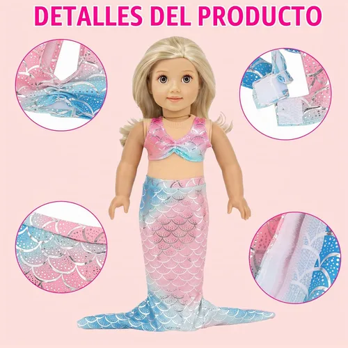 Vista 3 de Ropa de muñeca de 18 pulgadas, 3 conjuntos de trajes de princesa cola de sirena traje de baño bikini