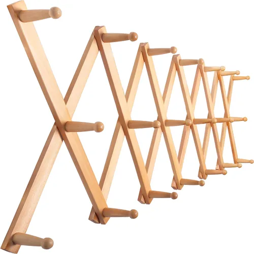 Vista 19 de SKOLOO Perchero de pared para sombreros con 14 ganchos, de madera maciza, moderno, perchero de pared expandible para abrigos, sombreros, bolsos