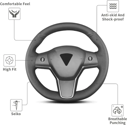 Vista 2 de Funda para volante cosida a mano, apta para Tesla Model 3 2017-2023/Modelo Y 2020-2023, funda antideslizante de cuero de microfibra transpirable