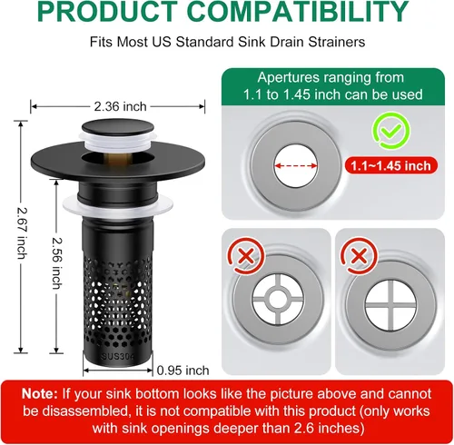 Vista 7 de Colador de drenaje para lavabo de baño, tapón universal para fregadero Negro