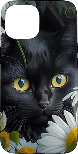 Vista 6 de iPhone 16 Black Cat with Daisies – Enchanting Floral Design Case