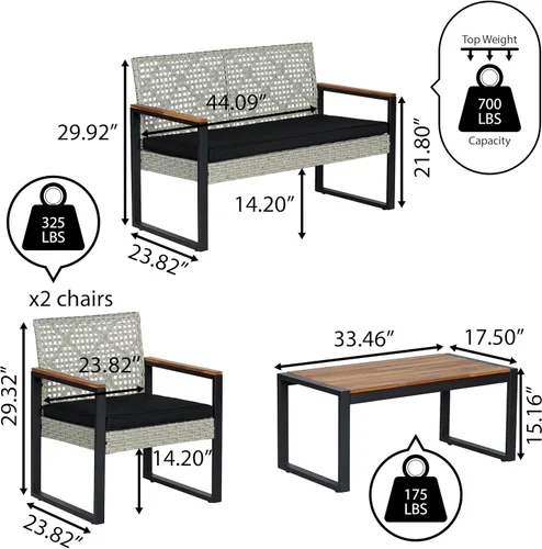 Vista 4 de JONATHAN Y Wilder - Juego de patio al aire libre de 4 piezas, color blanco lavado PE Rattan Woven Conversation Seating, Acacia Wood Table, Black