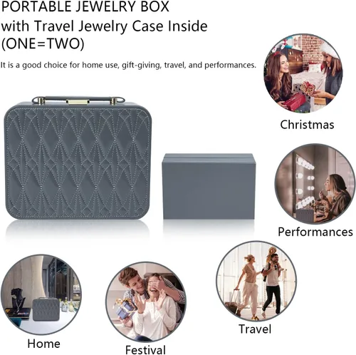 Vista 7 de V-LAFUY Caja organizadora de joyas organizador de joyas para hombre 2 capas con bandeja extraíble joyero de regalo para día de Acción de Gracias