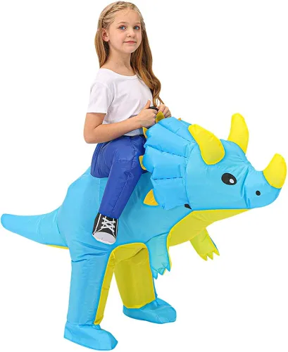 Vista 5 de Disfraz inflable azul Triceratops Ride Dinosaur Air Blow-up Deluxe Halloween Suit para adultos, niños y niños pequeños