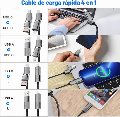 Vista 3 de Paquete de 2 cables USB C 4 en 1 de carga rápida PD 65 W 27 W con puerto tipo C/USB A/L, cable doble trenzado redondo USB-C de 3 pies para iPhone 16