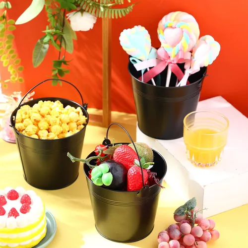 Vista 3 de Rtteri 24 cubos pequeños de metal con asa, mini cubetas a granel para lápices para aula, graduación, fiestas, canastas de hierro para flores de Negro