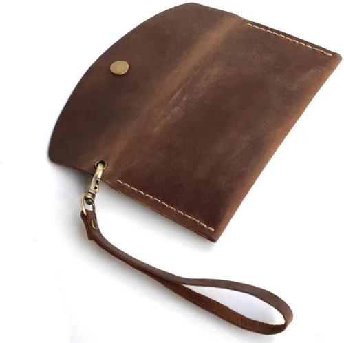 Vista 4 de Handmade Leather Wristlet Wallet with Card Slots Retro Multi-function Envelope Mobile Phone Card Holder Clutch Wallet with Hand Wrist Lanyard