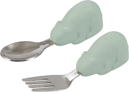 Vista 2 de Tiny Twinkle Easy Grip - Juego de utensilios para niños pequeños, cuchara y tenedor, sin BPA ni ftalatos, cubiertos para niños con mango de Oso Lila