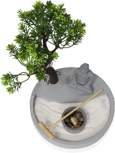 Vista 2 de Portavelas Zen Garden de forma redonda, con una mini estatua de Buda y un árbol bonsái, un arte japonés perfecto para relajación y meditación