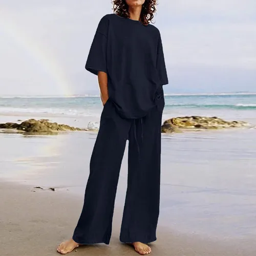 Vista 42 de Conjuntos de verano de 2 piezas para mujer, conjuntos elegantes y casuales de color liso, para verano, otoño, cuello redondo, tops y pantalones