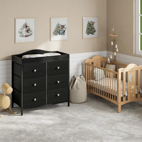 Vista 8 de BOLUO Cómoda con cambiador negro con 6 cajones de tela, tocador para bebés con cambiador superior, estación de cambio de pañales con almacenamiento
