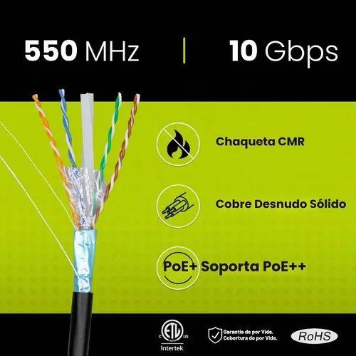 Vista 2 de TRUE CABLE Cable Ethernet a granel de elevación blindada Cat6 (CMR), 1000 pies, negro, cobre desnudo sólido 23 AWG, 550 MHz, escudo total de papel