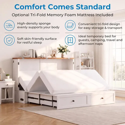Vista 6 de Mjkone Murphy - Cama de armario con colchón plegable de tres pliegues, tamaño matrimonial, color blanco