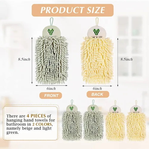 Vista 2 de Kinlop 4 toallas de mano de chenilla para colgar, de microfibra, con bucles para colgar, para baño, color beige y verde claro