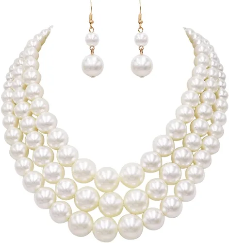 Vista 23 de Rosemarie & Jubalee Conjunto de joyería para mujer con 3 cadenas multicolores de perlas simuladas y aretes, regalo con collar, 45,7 cm + 7,6 cm