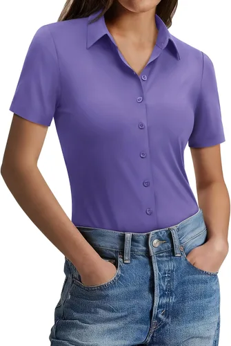 Vista 14 de Gleeivy Camisas con botones para mujer, ajustadas, de manga corta, elásticas, para el trabajo, sin arrugas, blusas de oficina