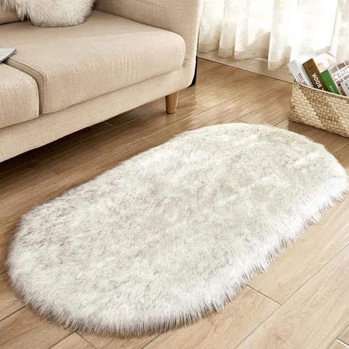 Vista 10 de CHITONE Alfombra ovalada de piel de oveja sintética, grande y larga, manta decorativa de piel sintética para cama, alfombra, tapete para sofá, Beige