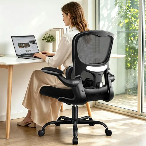 Vista 7 de ALLGOD Silla de oficina ergonómica, silla de escritorio ergonómica de malla transpirable con soporte lumbar ajustable, reposabrazos abatibles
