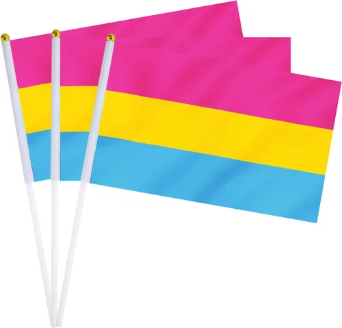Vista 11 de Bandera bisexual con bandera bi, pequeña mini banderas de mano con orgullo bisexual en palos para desfiles, fiestas, festivales y decoraciones