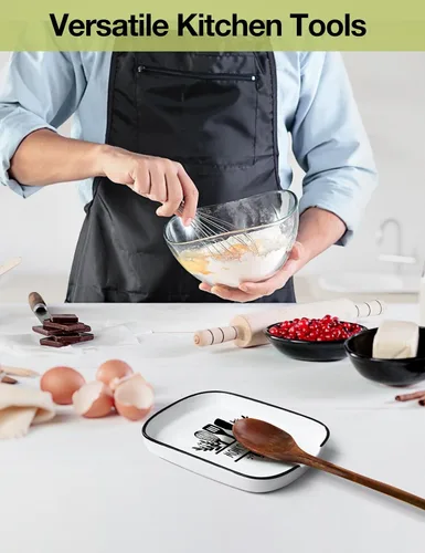 Vista 6 de Funny Mom's - Soporte de cuchara de cerámica con tabla de conversiones, soporte para utensilios de cocina de granja para estufa, encimera de cocina