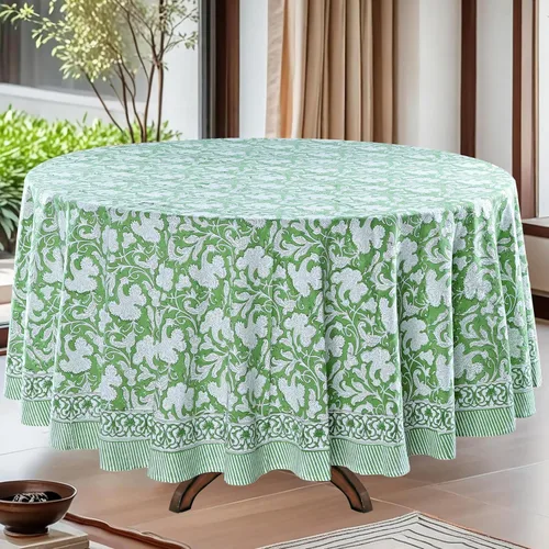 Vista 16 de Mantel redondo con estampado de bloque a mano, 100% algodón, reutilizable, turquesa, verde musgo, 90 pulgadas, mantel decorativo para uso diario