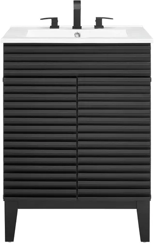 Vista 7 de Modway Render - Mueble de baño de estilo moderno de mediados de siglo con lavabo, color blanco y negro Negro blanco