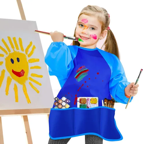 Vista 8 de KUUQA Delantales de arte para niños impermeables con 3 bolsillos espaciosos, suministros de pintura (pinturas y pinceles no incluidos)