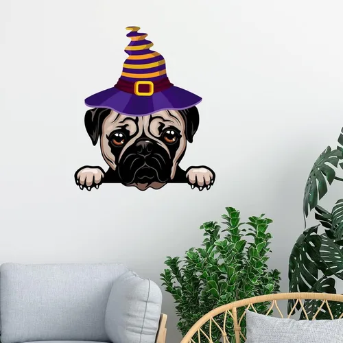 Vista 2 de Calcomanías de pared de Halloween con diseño de brujas, calcomanías de feliz Halloween, calcomanías de bienvenida para perro pug, decoración