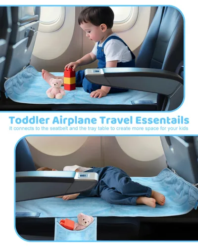 Vista 4 de Cama de avión para niños pequeños, extensor de asiento de avión para niños, bolsa de cordón 2 en 1, artículos esenciales de viaje para niños