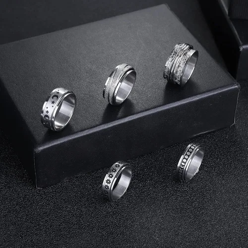 Vista 4 de Magitaco Anillos giratorios de acero inoxidable, anillos de banda para la ansiedad, anillos de luna y estrella, flores y mariposas para mujeres