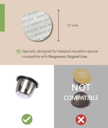 Vista 4 de Seal Pod - Cápsula reutilizable, recargable, compatible con máquina Original Line de Nespresso, acero inoxidable resistente, viene con tapas nuevas