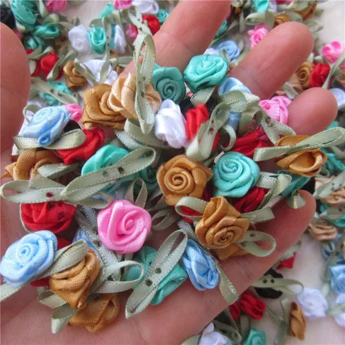 Vista 7 de 200 unids/lote mini lazos de cinta rosas flor raso rosetas tela adorno artificial apliques costura artesanía bricolaje hecho a mano decoración