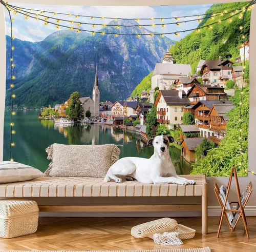 Vista 83 de Ambesonne Tapiz Trippy, vista panorámica de la cascada con bosques de ensueño y mandala oriental psicodélico, decoración de tela para colgar
